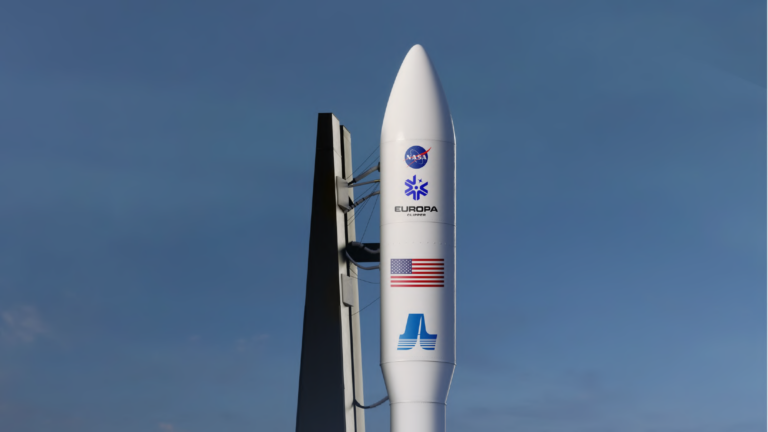 A mockup of NASA's Europa Clipper Rocket on the launchpad.