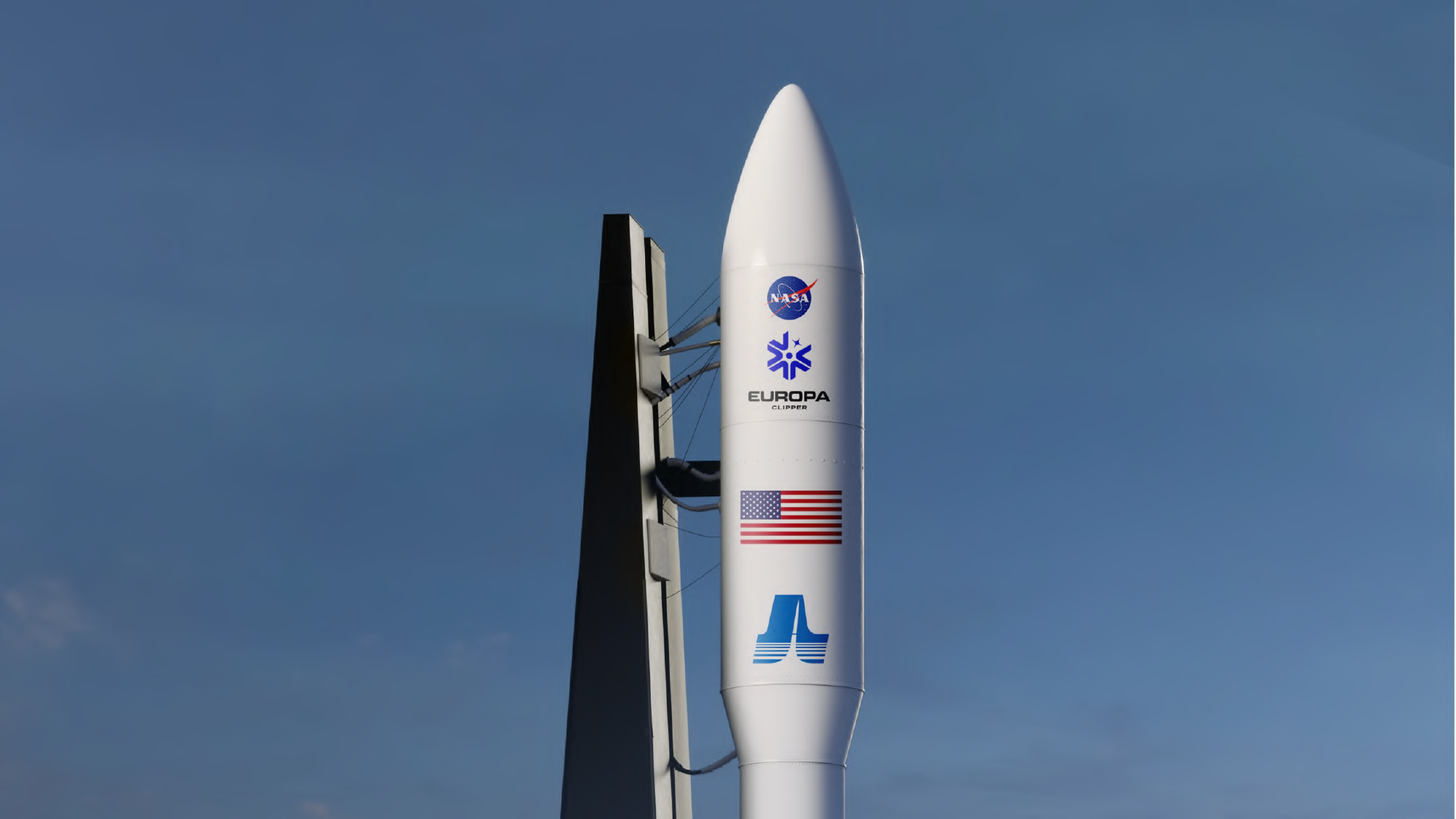 A mockup of NASA's Europa Clipper Rocket on the launchpad.